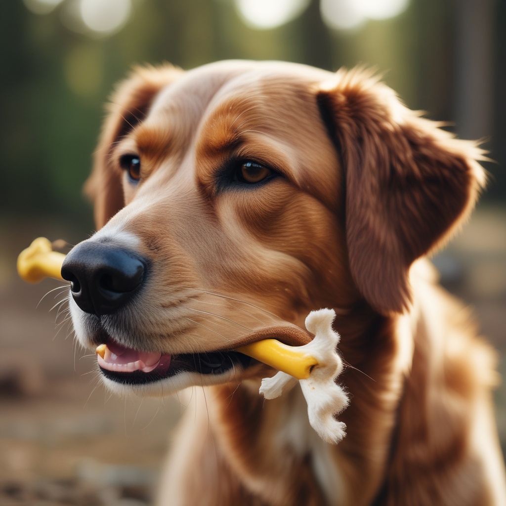 A dog holding a golden bone